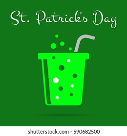 Saint Patricks Day square greeting card - bright green carbonated drink with gray straw and text in front of a dark green background