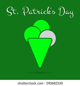 Saint Patricks Day square greeting card - bright green ice cream with three scoops and text in front of a dark green background