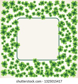 Saint Patrick's Day square light vector frame with small green four-leaf clover shamrock leaves. Irish festival celebration greeting card design background. Nature floral spring backdrop.