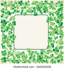 Saint Patrick's Day square light vector frame with small green four-leaf clover shamrock leaves. Irish festival celebration greeting card design background. Nature floral spring backdrop.