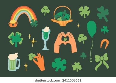 Saint Patrick's Day, St Patty sticker vector set. Luck symbols, green beer, hand holds three and four-leaf clover, a wicker basket full of shamrock, rainbow with a pot of leprechaun gold on the end