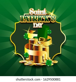 Saint Patrick's Day Stack of coins and golden ribbon background