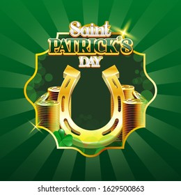 Saint Patrick's Day Stack of golden Coins and Lucky horseshoe