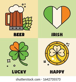 Saint Patrick's day sticker pack. Gift card, design for celebrities with beer, leprechaun gold, Irish flag and quatrefoil. Holiday poster, greeting banner, trendy t-shirt print. Green background