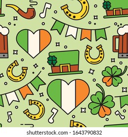 Saint Patrick's day sticker pack. Gift card, design for celebrities with beer, leprechaun hats, gold, Irish flag and quatrefoil. Holiday poster, greeting banner, trendy t-shirt print. Green background