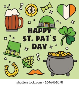 Saint Patrick's day sticker pack. Gift card, design for celebrities with beer, leprechaun hats, gold, Irish flag and quatrefoil. Holiday poster, greeting banner, trendy t-shirt print. Green background