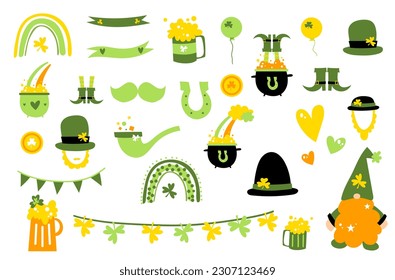 Saint Patrick's day sticker set collection, gold, cauldron, rich, shamrock clover party decoration cartoon vector doodle.