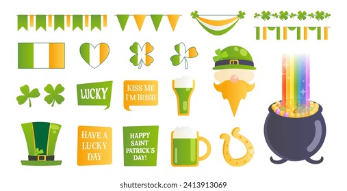 Juego de stickers del Día de San Patricio, elementos de diseño de vacaciones irlandesas con banderas irlandesas, decoración de banderas, cerveza verde, sombreros, burbujas de habla, herradura y oro de leprechaun. Ilustración vectorial.