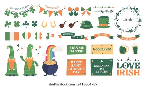 Juego de stickers del Día de San Patricio, elementos de diseño de vacaciones irlandesas con banderas irlandesas, símbolos, cerveza verde, sombreros, marco de trébol, herradura, canalizaciones para fumadores y oro leprechaun. Ilustración vectorial.