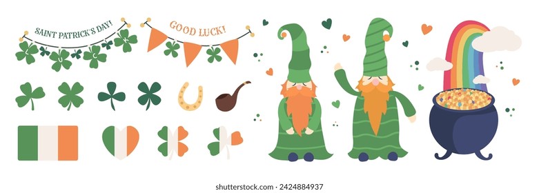 Conjunto de pegatinas del Día de San Patricio, elementos de diseño de vacaciones irlandesas con banderas irlandesas, decoraciones de banderas, cerveza verde, sombreros, burbujas de discurso, herradura y oro de duende. Ilustración vectorial.