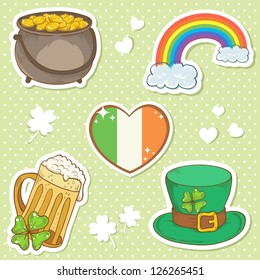 Saint Patrick's Day stickers elements, bowler with golden coins, rainbow, irish flag, mug of beer and leprechaun hat with lucky clover on dot background
