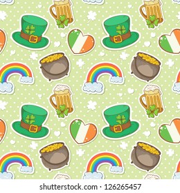 Saint Patrick's Day stickers elements seamless pattern, bowler with golden coins, rainbow, irish flag, mug of beer and leprechaun hat with lucky clover