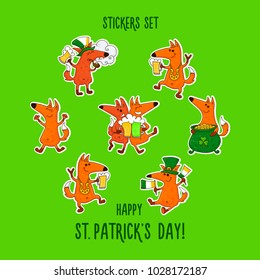 Saint Patrick's Day stickers set with foxes and irish simbols. Vector doodle illustration.