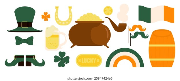 Saint Patrick's day stickers set. Ireland holiday lucky item, fortune symbols, pot gold coin, clover, horseshoe, beer party. Flat Vector illustration isolated on white background.