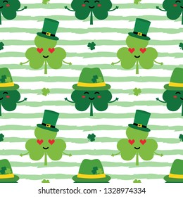 Saint Patrick's Day striped seamless pattern background with cute cartoon shamrock, clover characters in green leprechaun hats.