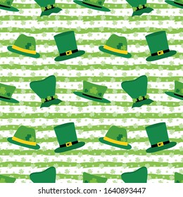 Saint Patrick's Day striped seamless pattern background with leprechaun hats, and green clover, shamrock leaves.