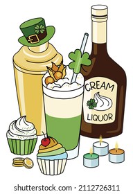 Saint Patricks Day Sweet Cocktail Composition With Rainbow Cupcake Dessert, Leprechaun Hat Shaker, Irish Cream Liquor Bottle, Coins And Irish Flag Green White Orange Candles. Doodle Cartoon Style.