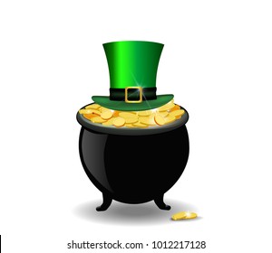 Saint Patricks Day symbols. Gold treasure of leprechaun, pot full of golden coins and green hat isolated on white background. St Patricks Day vector illustration, clip art for greeting card design.