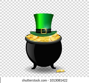 Saint Patricks Day symbols. Gold treasure of leprechaun, pot full of golden coins and green hat isolated on transparent background. St Patricks Day vector illustration, clip art for greeting design.