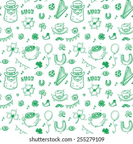 Saint Patrick`s day symbols hand drawn doodle background