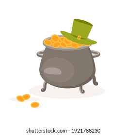 Saint Patricks Day symbols. Pot full of gold coins and green hat. Flat Art Vector illustration.