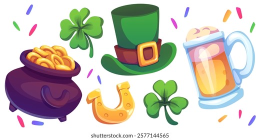 Saint Patricks Day symbols set isolated on white background. Vector cartoon illustration of green leprechaun hat, golden horseshoe, coins in cauldron, glass of foamy beer, clover leaves and confetti