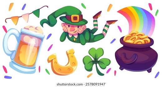 Saint Patricks Day symbols set isolated on white background. Vector cartoon illustration of green leprechaun in hat, golden horseshoe, rainbow above cauldron with coins, glass of beer, clover leaves