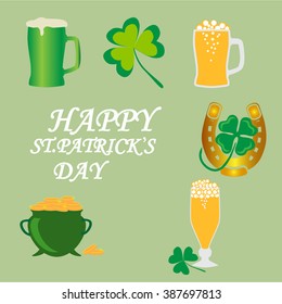 Saint Patrick's Day symbols vector .  Light beer in mugs . Old pot with gold coin