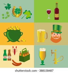 Saint Patrick's Day symbols vector .  Light beer in mugs . Old pot with gold coin