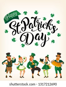 Saint Patrick's Day. Template with funny dancing people in festive costumes. Vector illustration. Idea for banner, poster, card, postcard and printable. 