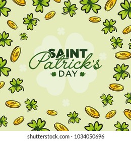 saint patrick's day text with clover background of 4 leaves and coins on green background. vector illustration