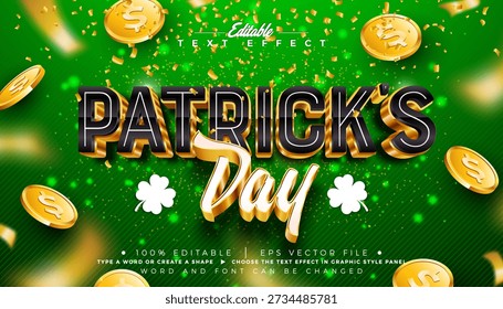 Saint Patrick's Day Text Effect Design Editable Vector Graphic Style with Gold 3D Typography Lettering and Falling Coins on Green Background. Irish Traditional St. Patricks Lucky Celebration Scalable Illustration Template for Greeting Card, Flyer, Banner, Poster or Party Invitation