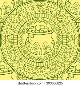 Saint Patrick's Day Theme mandala with Irish pot, golden coins with clover. Black, white pattern. Can be used for wrapping paper, coloring book for adults and kids. Engrave tiled seamless background.