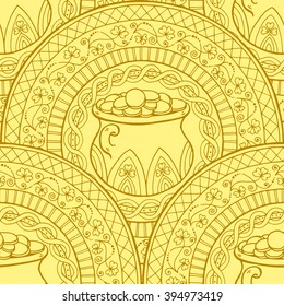 Saint Patrick's Day Theme mandala with Irish pot, golden coins with clover. Black, white pattern. Can be used for wrapping paper, coloring book for adults and kids. Engrave tiled seamless background.