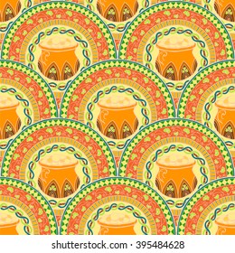Saint Patrick's Day Theme mandala with Irish pot, golden coins with clover. Black, white pattern. Can be used for wrapping paper, coloring book for adults and kids. Engrave tiled seamless background