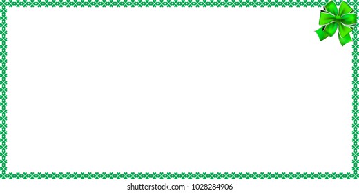 Saint Patricks Day thin rectangle bordering with shamrocks, festive bow and space for text on white background. Vector illustration, template, banner, poster, billboard, signboard, flyer or photoframe