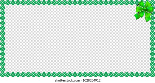 Saint Patricks Day thin rectangle bordering with shamrocks, bow and space for text on transparent background. Vector illustration, template, banner, poster, billboard, signboard, flyer or photo frame