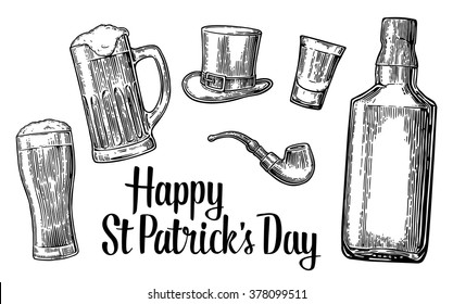 Saint Patrick's Day. Top gentleman hat, smoking pipe, bottle, bee, glass. Engraving vintage vector black illustration isolated on white background. Typographical design for greetings card, poster, web