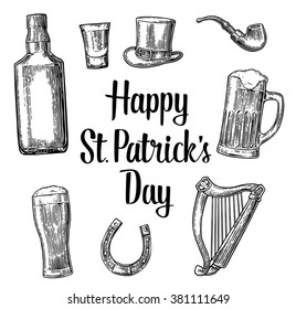 Saint Patrick's Day. Top gentleman hat, smoking pipe, bottle, bee, glass. Engraving vintage vector black illustration isolated on white background. Typographical design for greetings card, poster, web