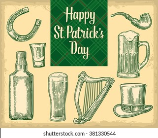 Saint Patrick's Day. Top gentleman hat, smoking pipe, bottle, bee, glass, lyre, horseshoe. Vector vintage engraved illustration. Typographical design for card, poster, web