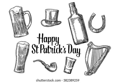 Saint Patrick's Day. Top gentleman hat, smoking pipe, bottle, bee, glass, lyre, horseshoe. Vector vintage engraved illustration. Typographical design for card, poster, web