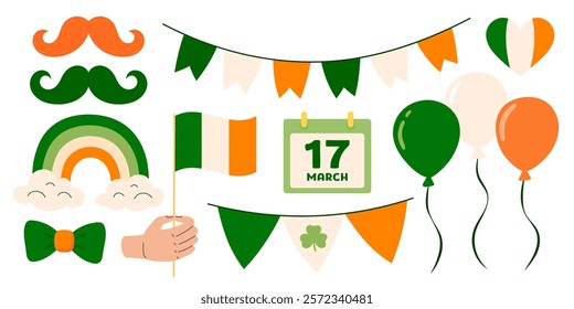 Saint Patrick's day. Traditional ireland celebration on march 17. Ireland holiday lucky item, fortune symbols, element for party, irish flag. Flat Vector illustration isolated on white background