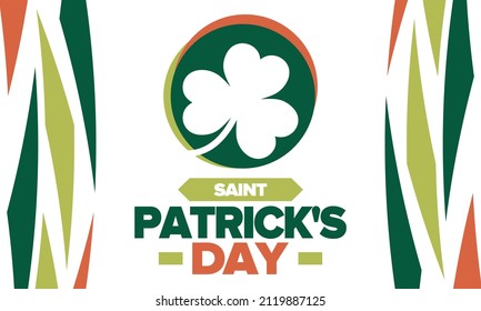 Saint Patrick's Day. Traditional irish happy holiday. Celebrate annual in March 17. Clover and shamrock leaves. Green and orange party design. Ireland color. Poster, card, banner, background. Vector