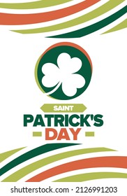 Saint Patrick's Day. Traditional irish happy holiday. Celebrate annual in March 17. Clover and shamrock leaves. Green and orange party design. Ireland color. Poster, card, banner, background. Vector