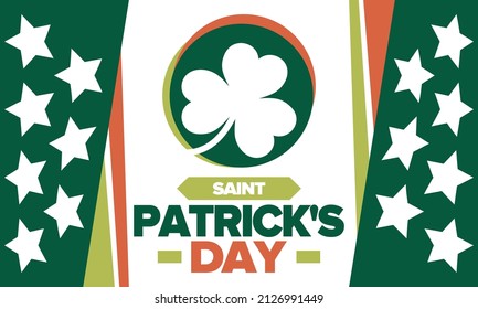 Saint Patrick's Day. Traditional irish happy holiday. Celebrate annual in March 17. Clover and shamrock leaves. Green and orange party design. Ireland color. Poster, card, banner, background. Vector