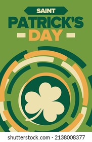 Saint Patrick's Day. Traditional irish happy holiday. Celebrate annual in March 17. Clover and shamrock leaves. Green and orange party design. Ireland color. Poster, card, banner, background. Vector