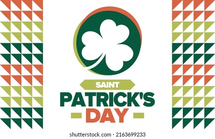 Saint Patrick's Day. Traditional irish happy holiday. Celebrate annual in March 17. Clover and shamrock leaves. Green and orange party design. Ireland color. Poster, card, banner, background. Vector