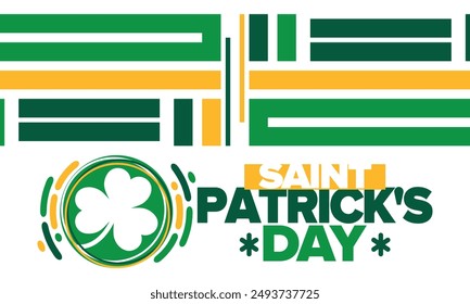 Saint Patrick's Day. Traditional irish happy holiday. Celebrate annual in March 17. Clover and shamrock leaves. Green and orange party design. Ireland color. Poster, card, banner, background. Vector