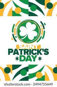 Saint Patrick's Day. Traditional irish happy holiday. Celebrate annual in March 17. Clover and shamrock leaves. Green and orange party design. Ireland color. Poster, card, banner, background. Vector