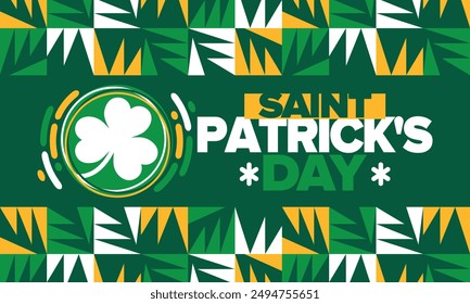 Saint Patrick's Day. Traditional irish happy holiday. Celebrate annual in March 17. Clover and shamrock leaves. Green and orange party design. Ireland color. Poster, card, banner, background. Vector